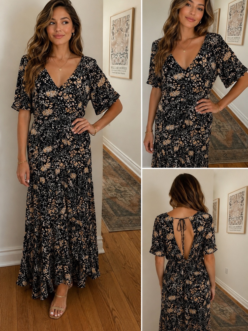 lovestitch Black Maxi Dress with Beige Floral Pattern and Open Back